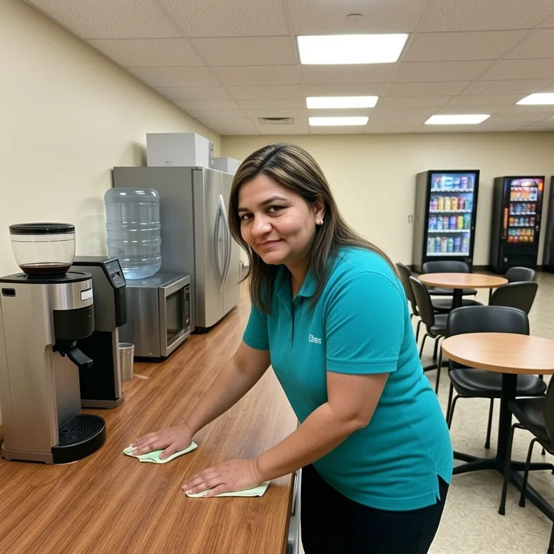 Arleth wiping the counter in an office breakroom