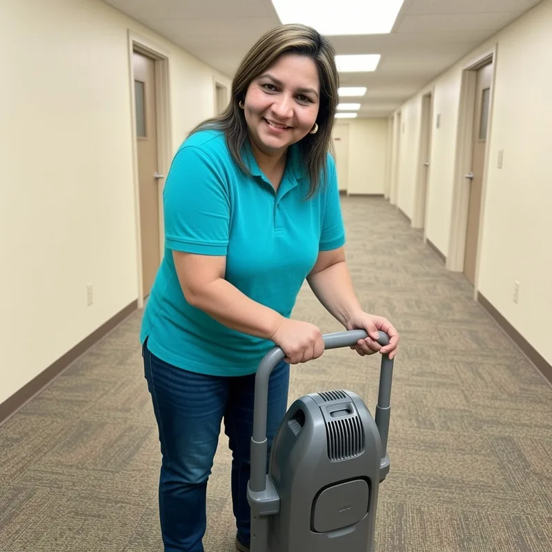 Arleth vacuuming a carpeted office corridor