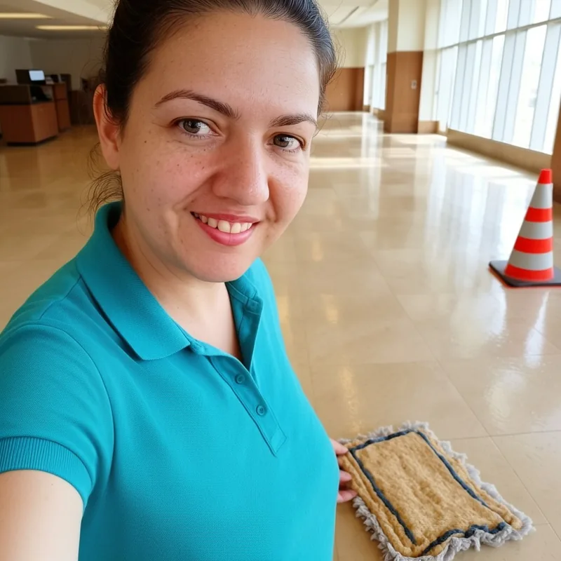 Sandra mopping a hard floor in an office lobby
