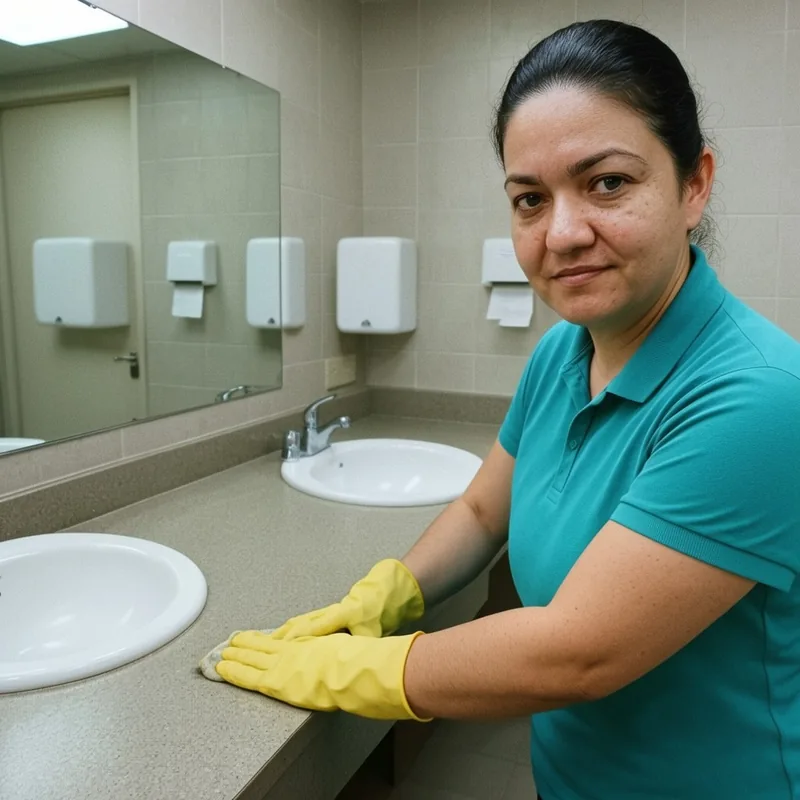 Sandra wiping the sink counter in an office restroom